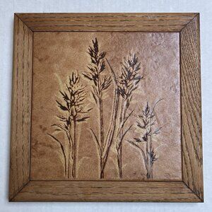 Vintage Large Ceramic Tile Trivet Wheat Flower Design Oak Framed Hot Plate 10 in